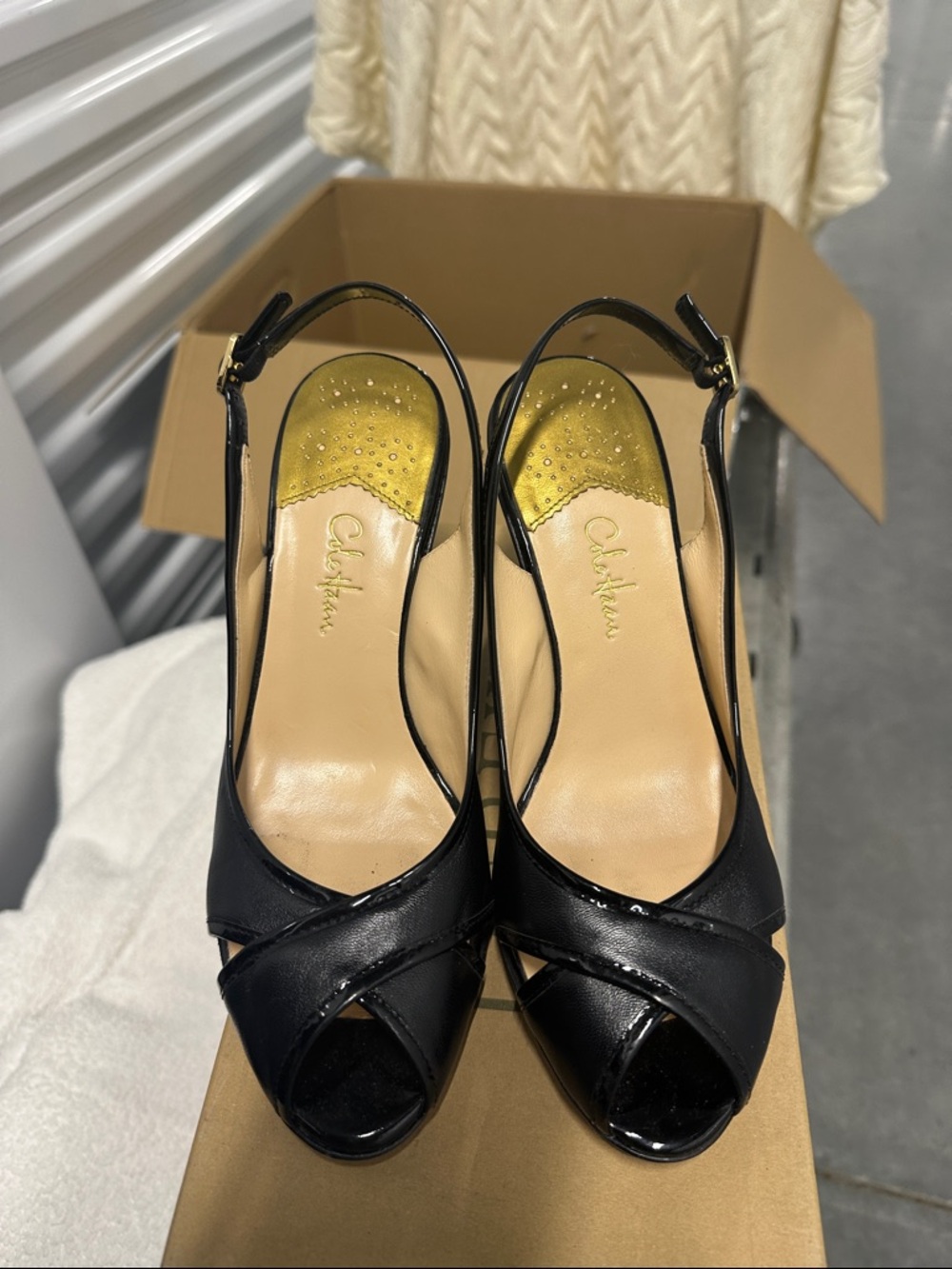 Cole Haan Nike Air Black Patent/ Leather Slingback Peep-Toe wedge Heels
